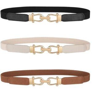 Womens Skinny Elastic Waist Belt Thin Stretch Dress Belt Gold Buckle